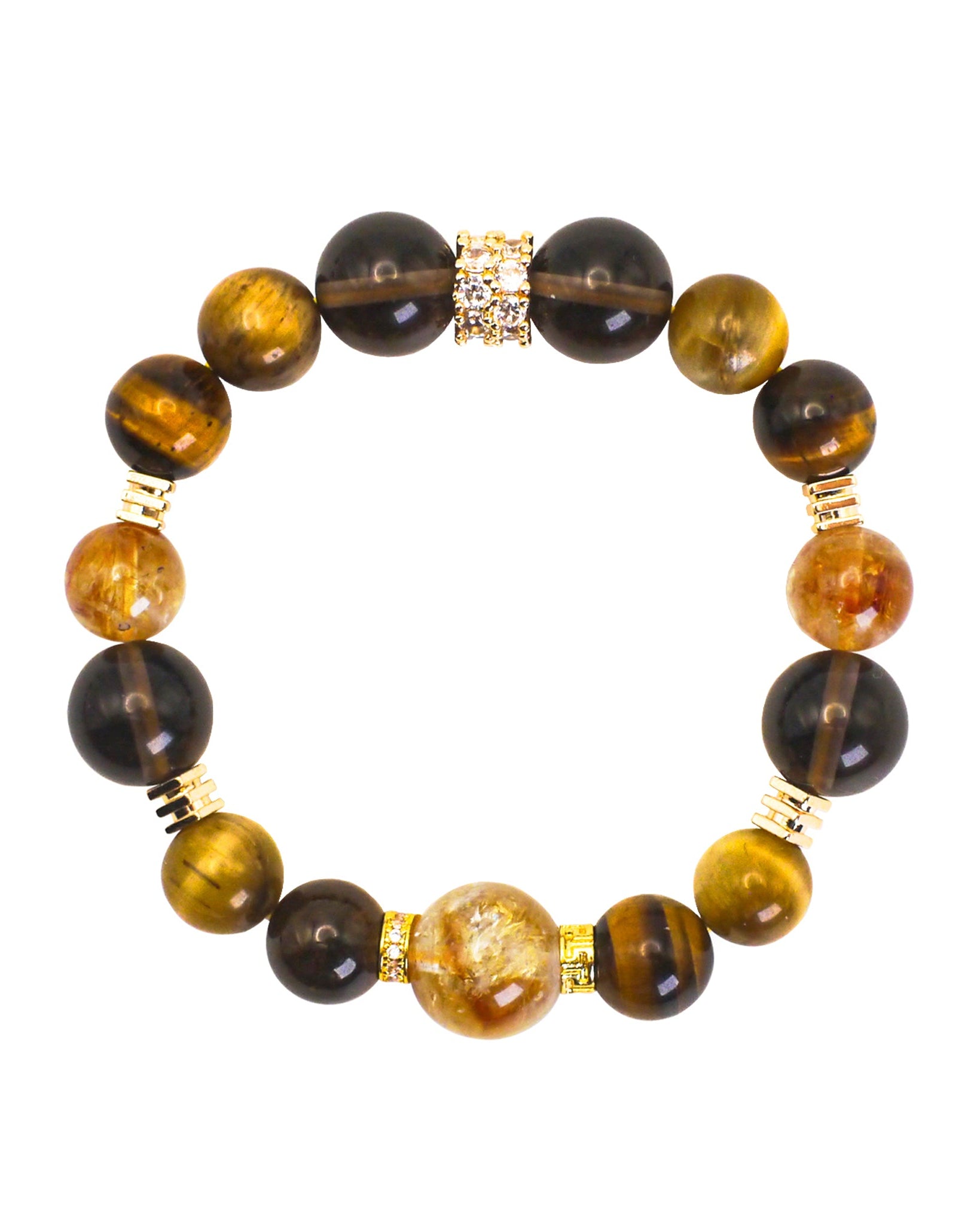 Bracelet with tiger eye beads and gold accents on a white background