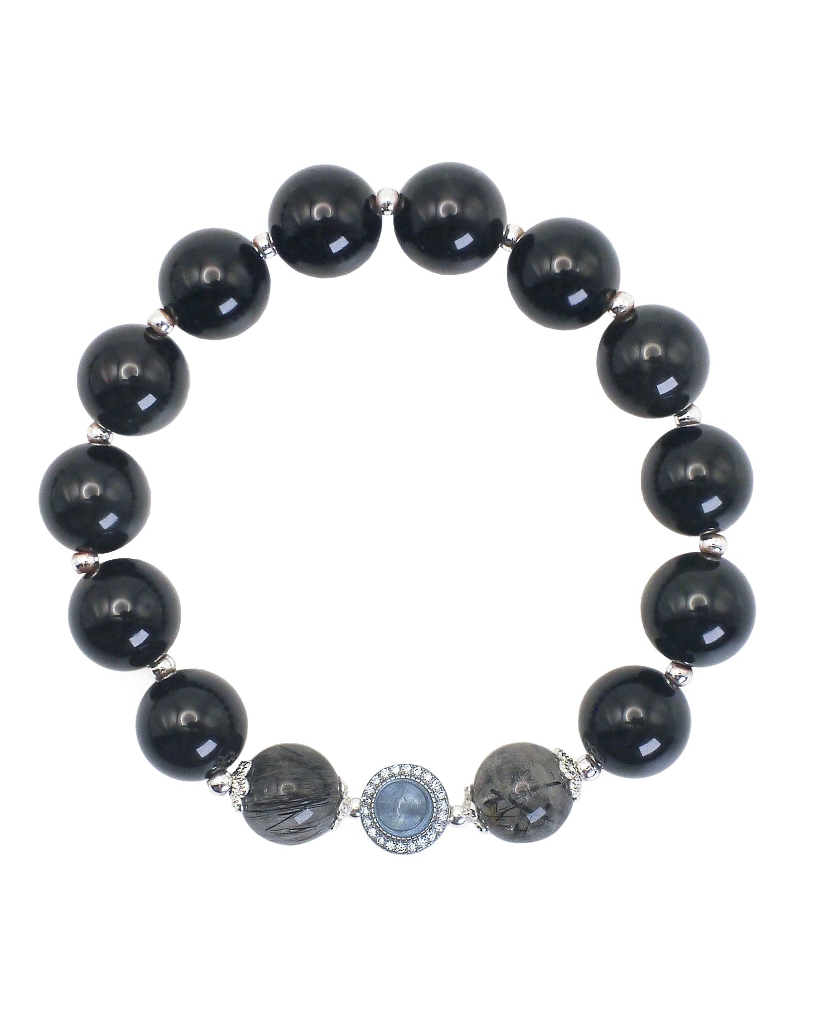 Black beaded bracelet with a decorative clasp on a white background
