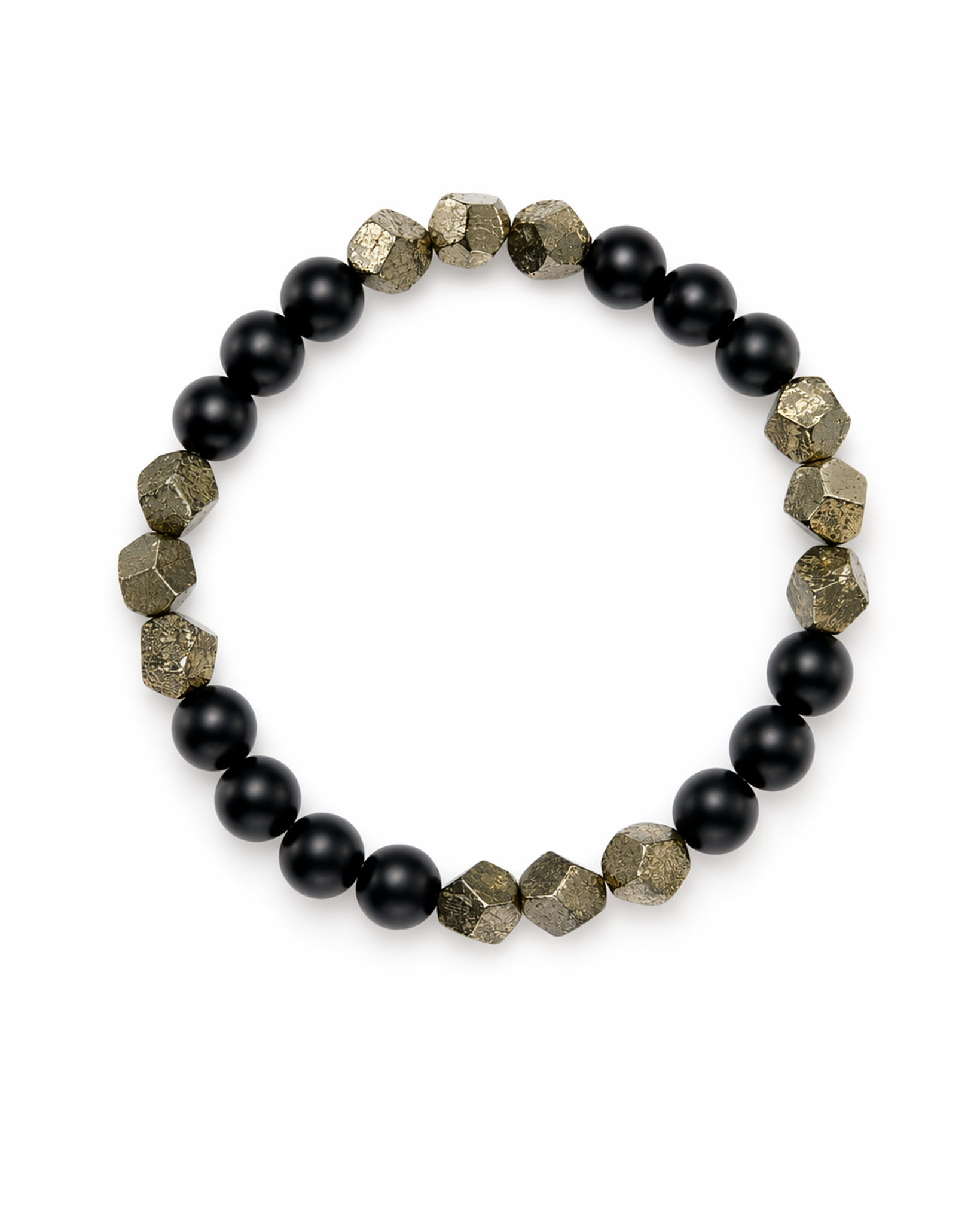 Bracelet with black and pyrite beads on a white background