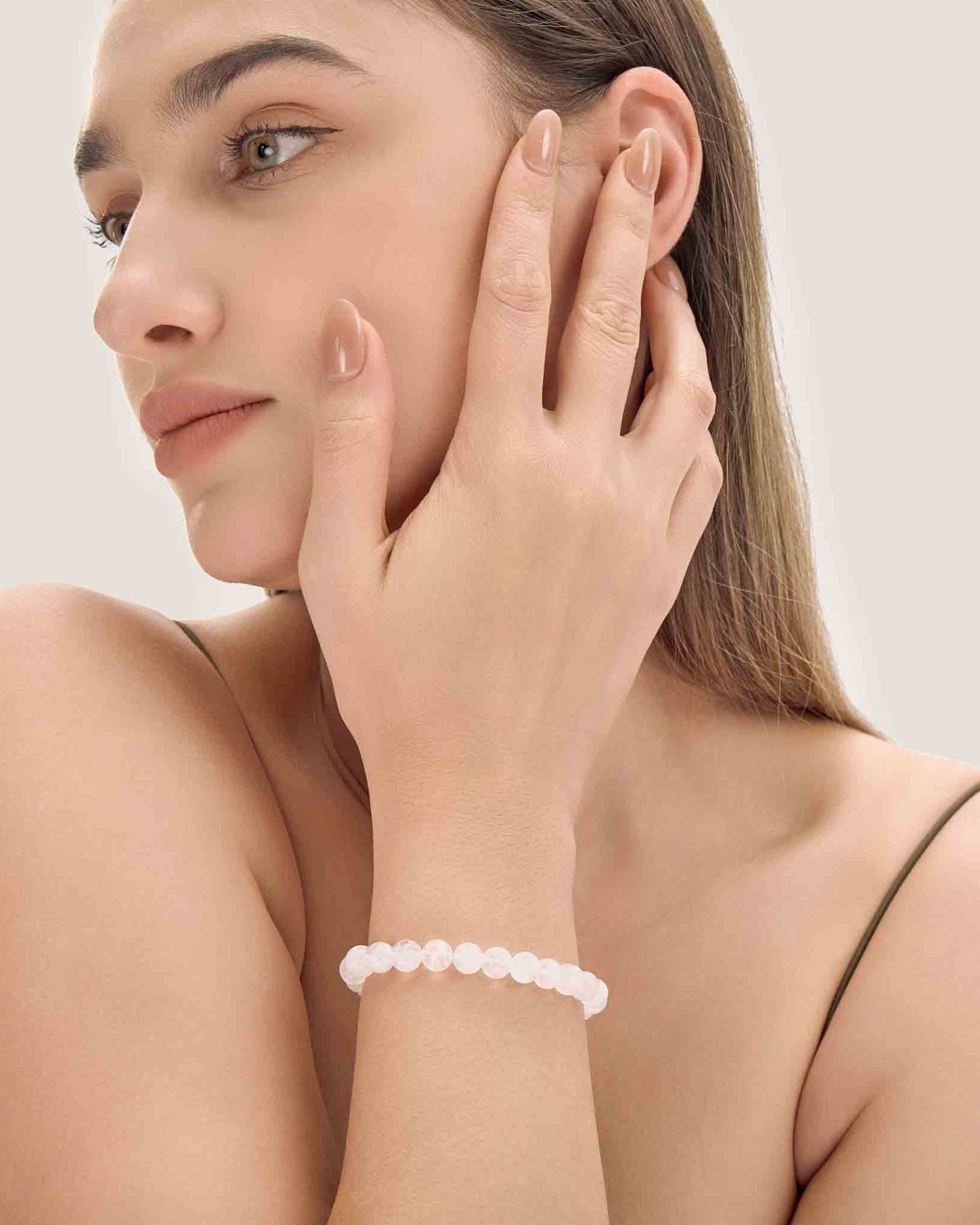 Choodo minimalist natural Madagascar Moonstone bracelet on a model's wrist