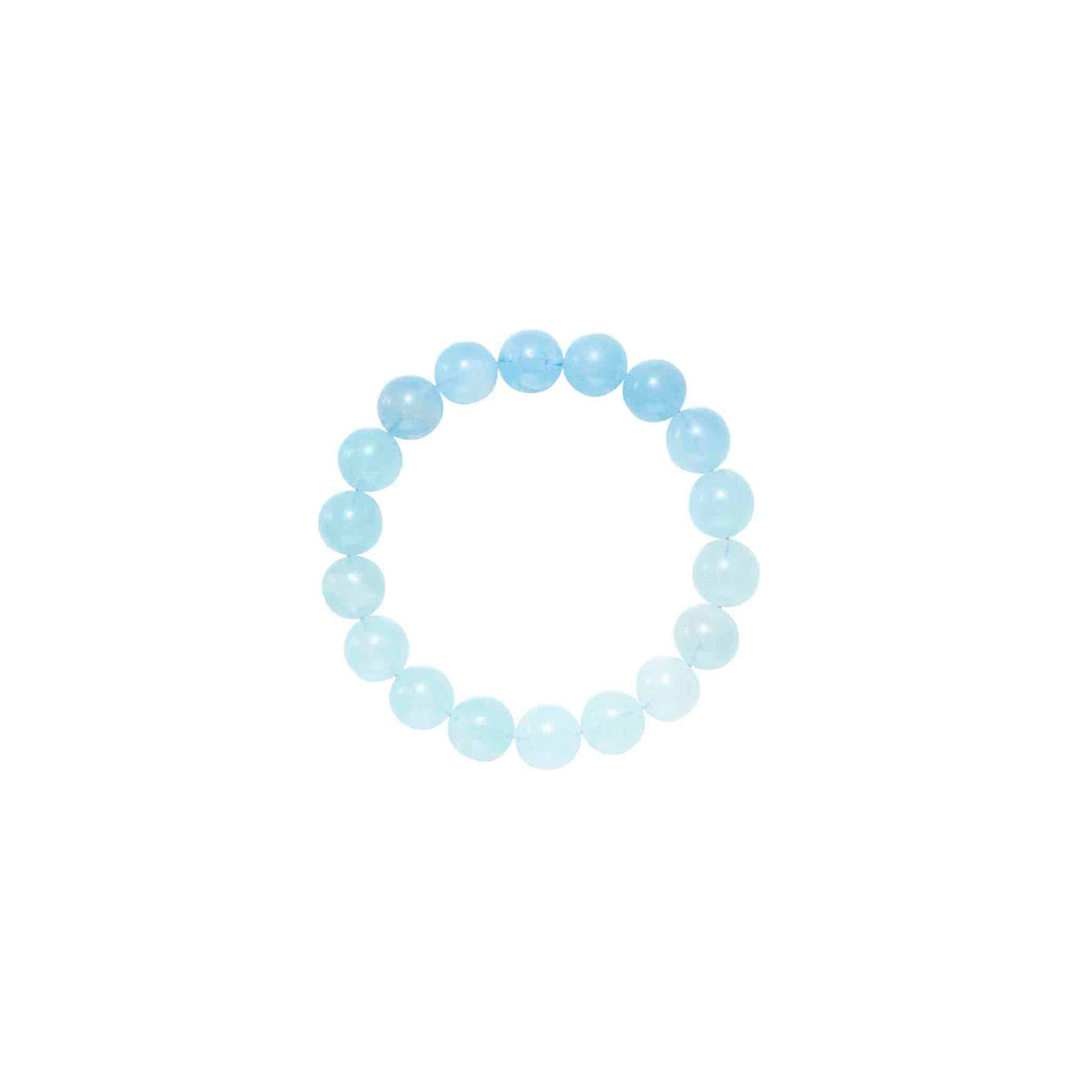 Choodo genuine natural Aquamarine crystal beaded bracelet for women, large 11mm gemstone strand where features a natural gradient blue color transition, minimalist product shot.