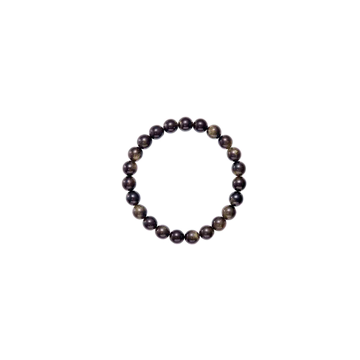 Choodo genuine natural Gold Sheen Obsidian crystal beaded bracelet for women, 8mm pure black gemstone strand with vibrant golden glow, minimalist product shot.
