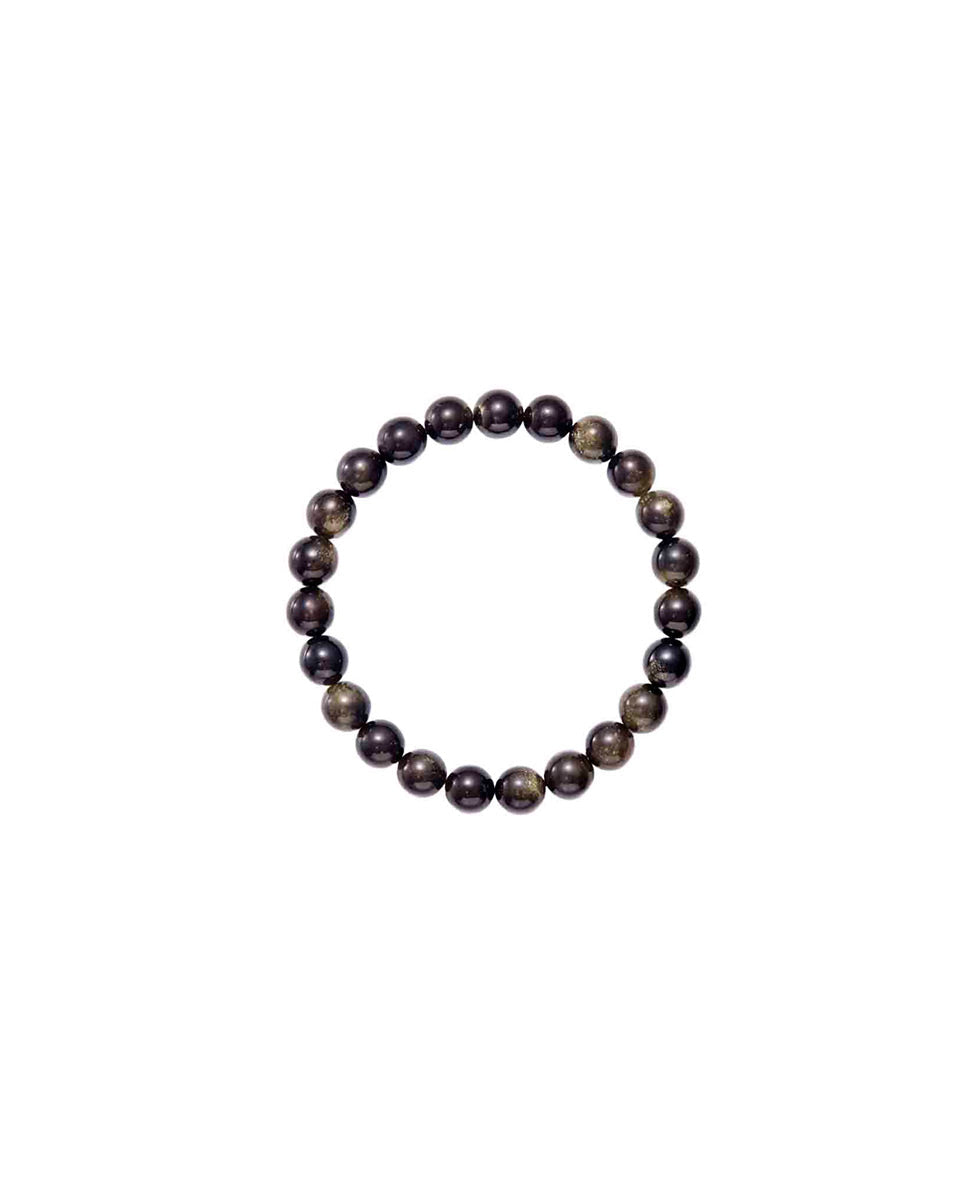 Choodo genuine natural Gold Sheen Obsidian crystal beaded bracelet for women, 8mm pure black gemstone strand with vibrant golden glow, minimalist product shot.