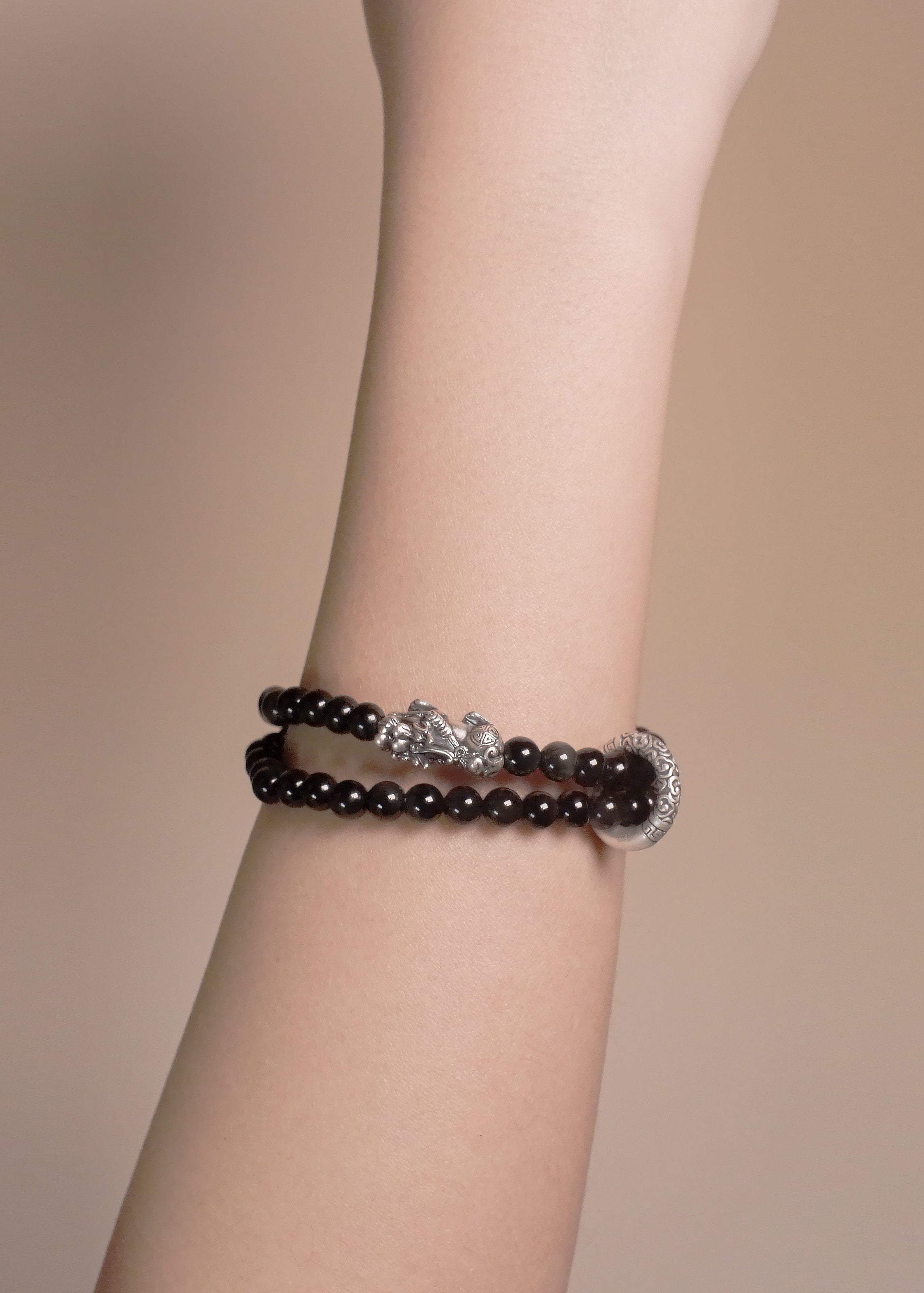 Fortune Gate Obsidian & Silver Pixiu Bracelet