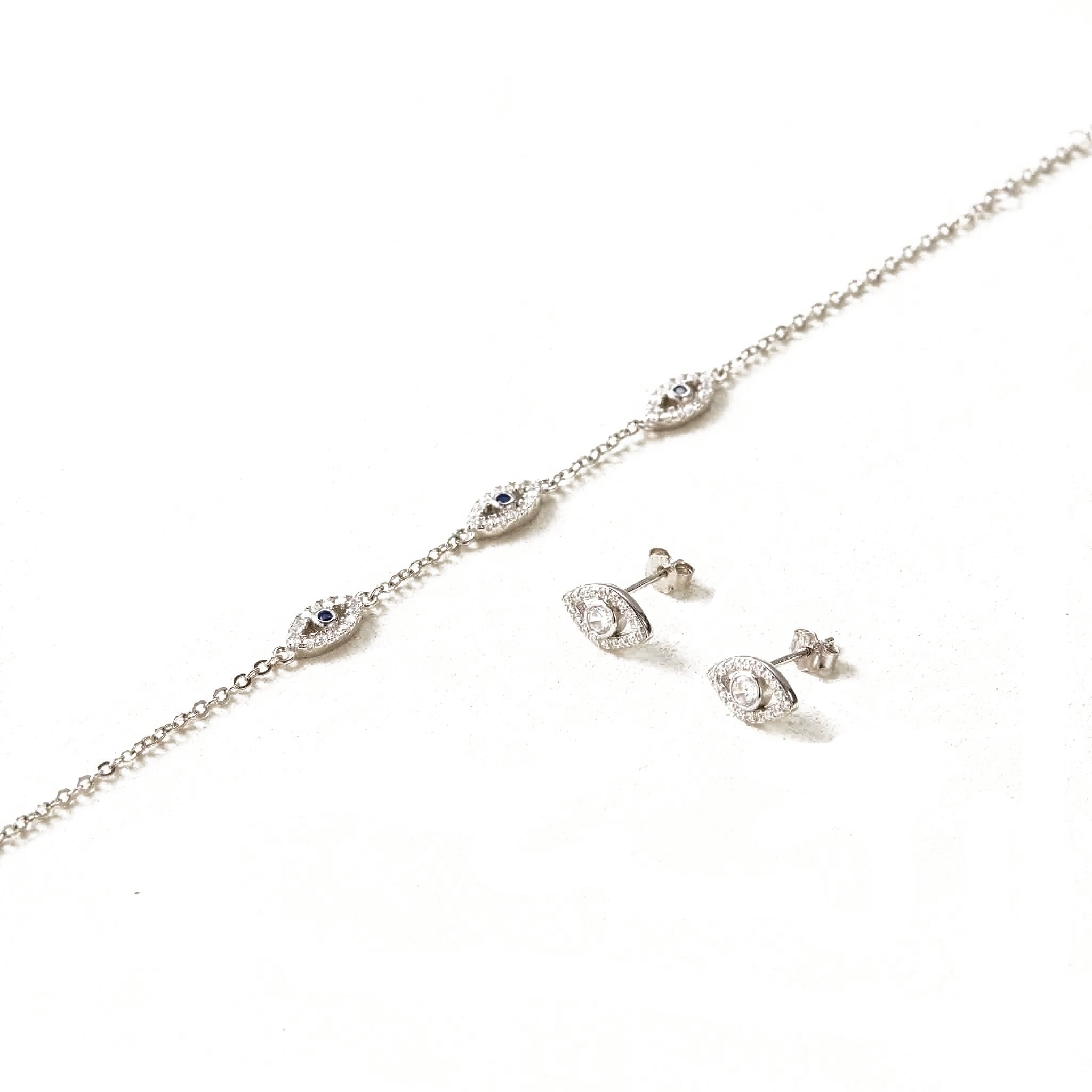 "The Evil Eyes" 925 Sterling Silver Bracelet and Studs Set
