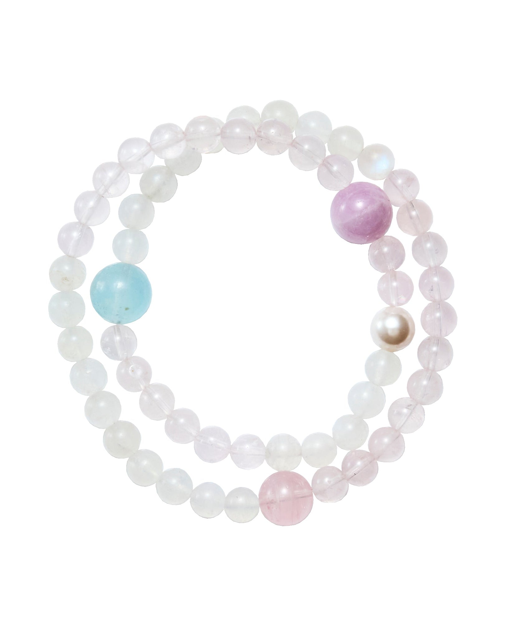 Stack of multicolored beaded bracelets on a white background