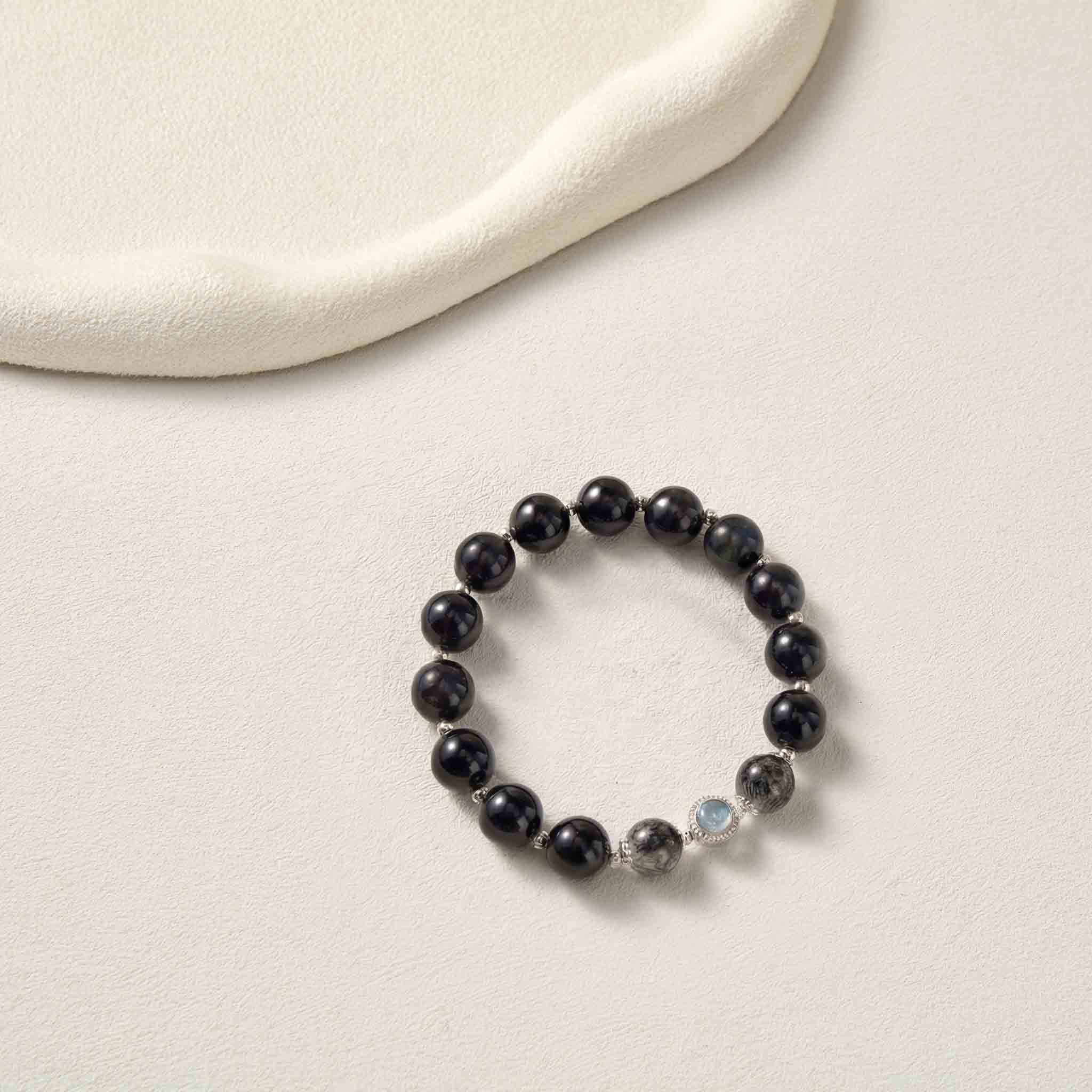 SilentHorizon Obsidian, Aquamarine & Black Rutilated Quartz Bracelet