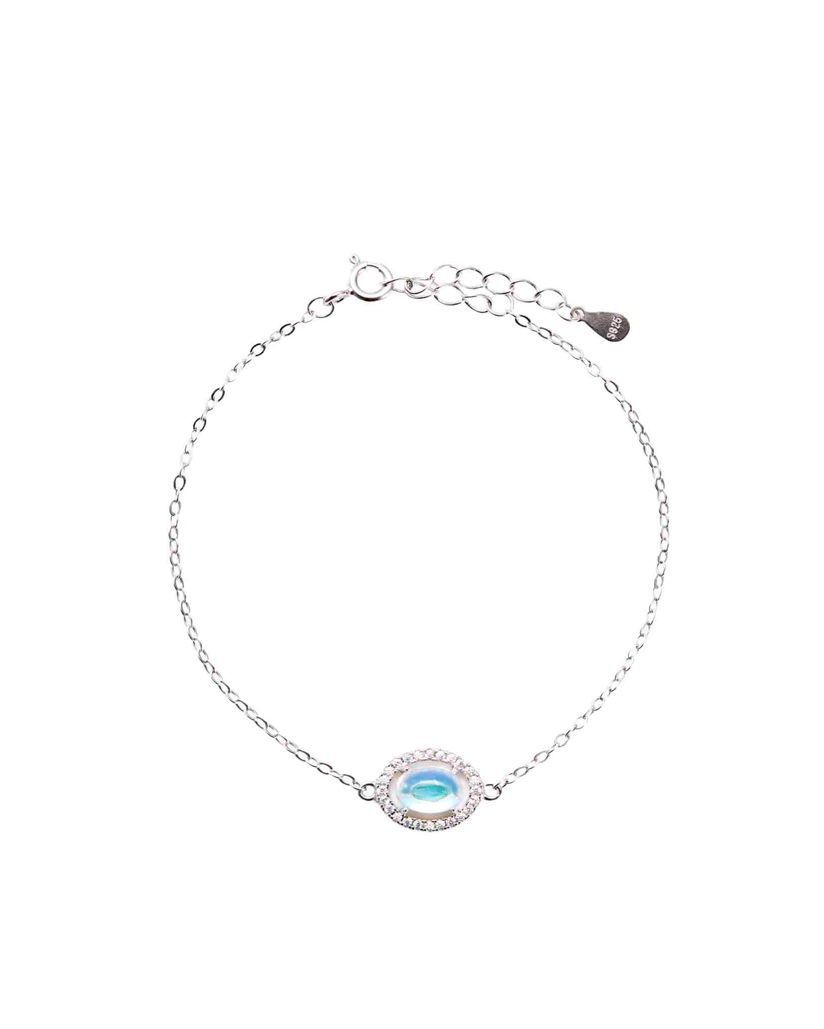 Silver bracelet with a blue gemstone on a white background