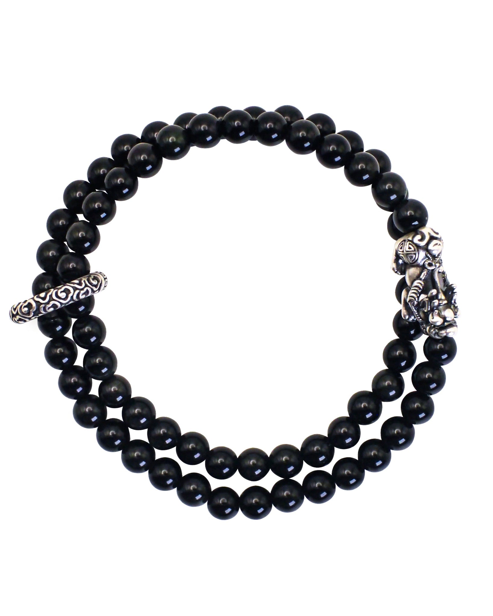 Choodo men's natural Obsidian crystal double wrap bracelet with silver Pixiu charm, premium black gemstone strand for men, minimalist product shot on white background.