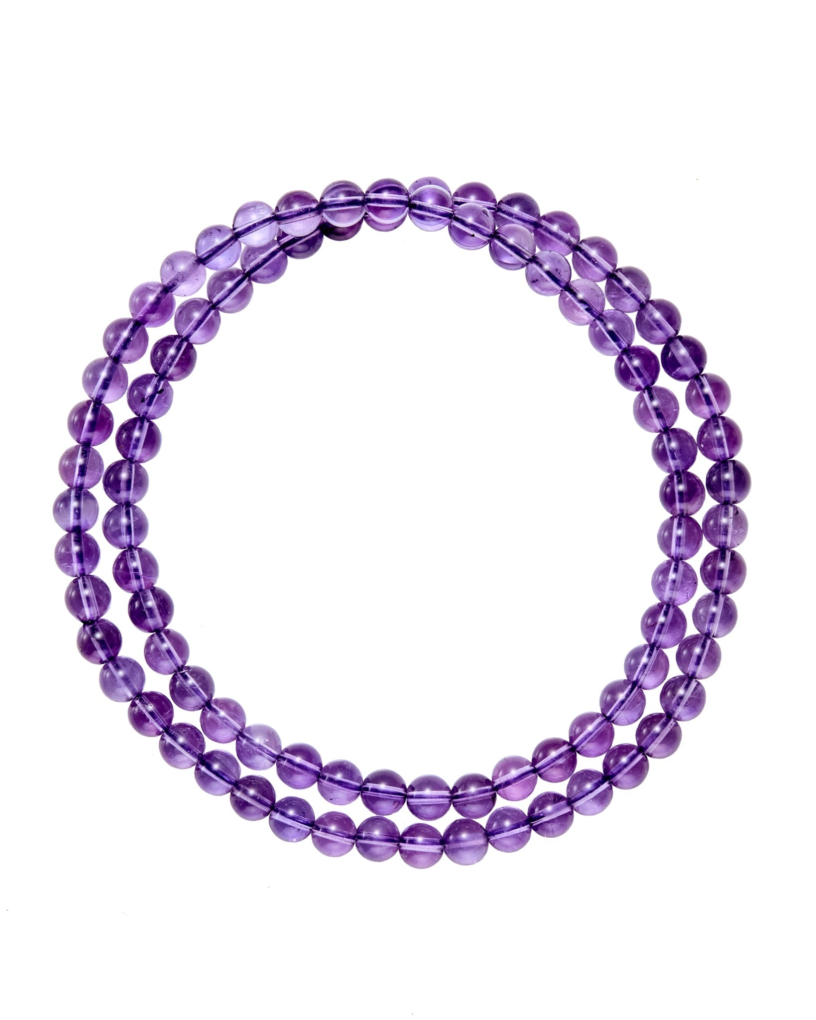 Choodo genuine natural Amethyst Quartz crystal three-layer beaded bracelet for women, delicate pure purple gemstone strands, minimalist product shot on white background.