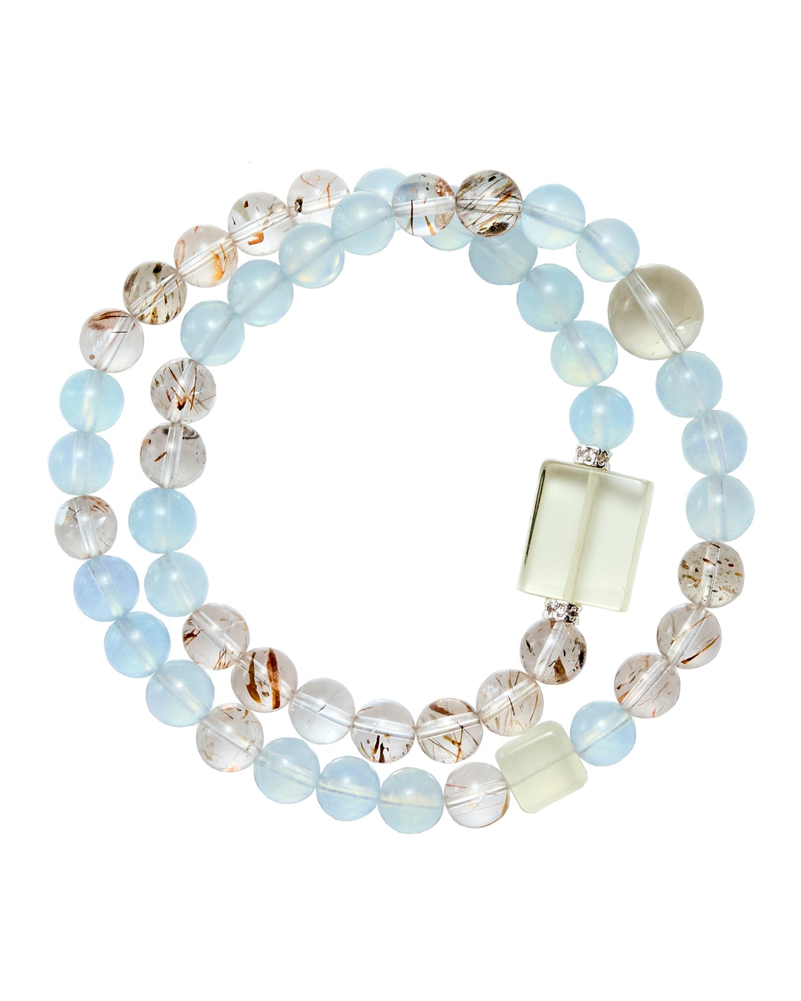 Choodo genuine natural Aquamarine and Clear Quartz crystal resort style double wrap bracelet, ocean blue and transparent gemstone strand, minimalist product shot on white background.