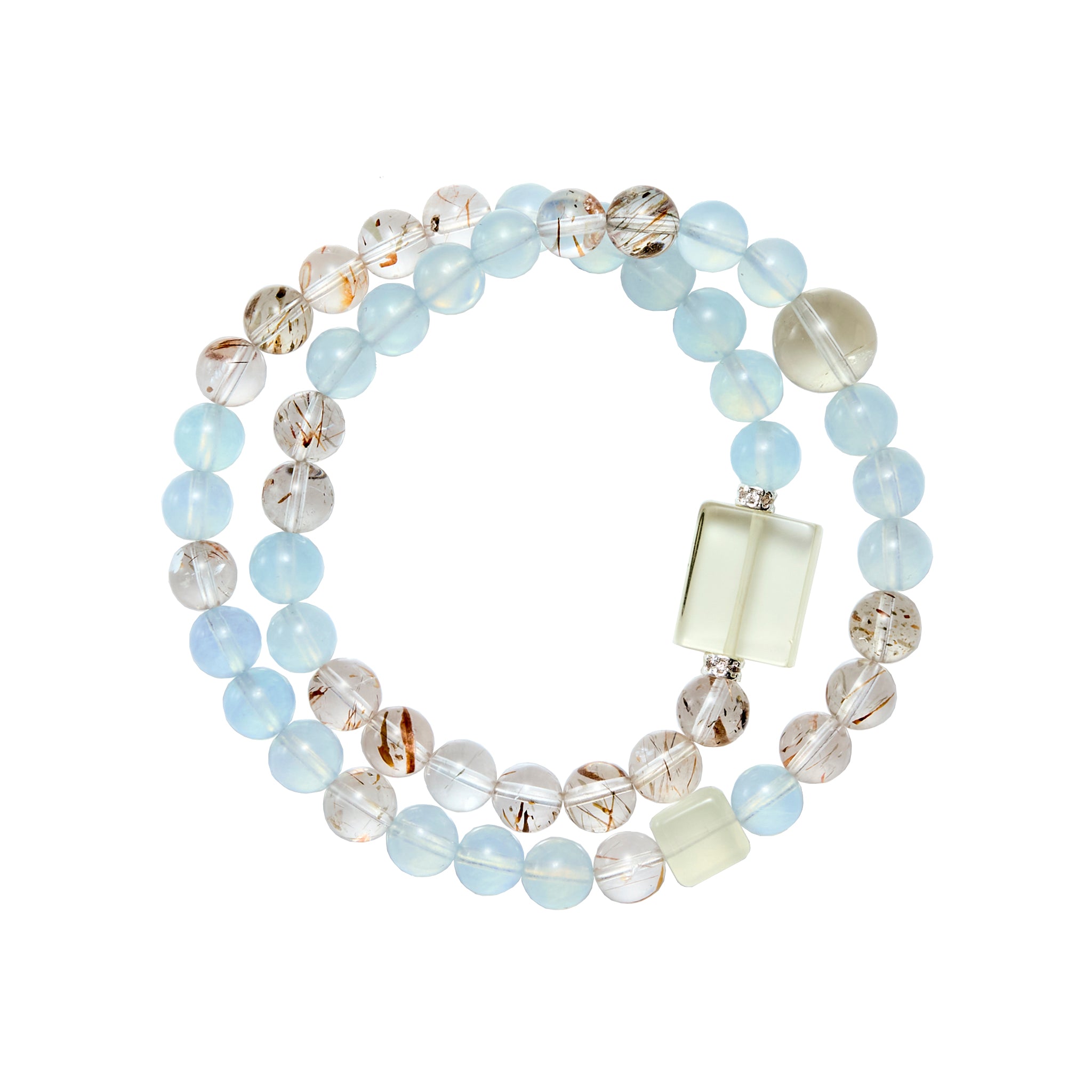 Choodo genuine natural Aquamarine and Clear Quartz crystal resort style double wrap bracelet, ocean blue and transparent gemstone strand, minimalist product shot on white background.