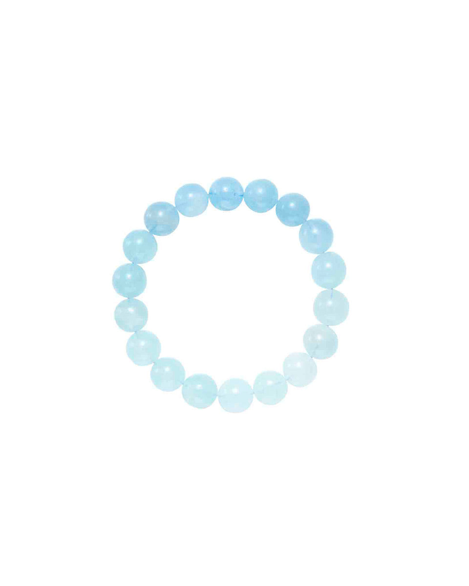 Choodo genuine natural Aquamarine crystal beaded bracelet for women, large 11mm gemstone strand where features a natural gradient blue color transition, minimalist product shot.