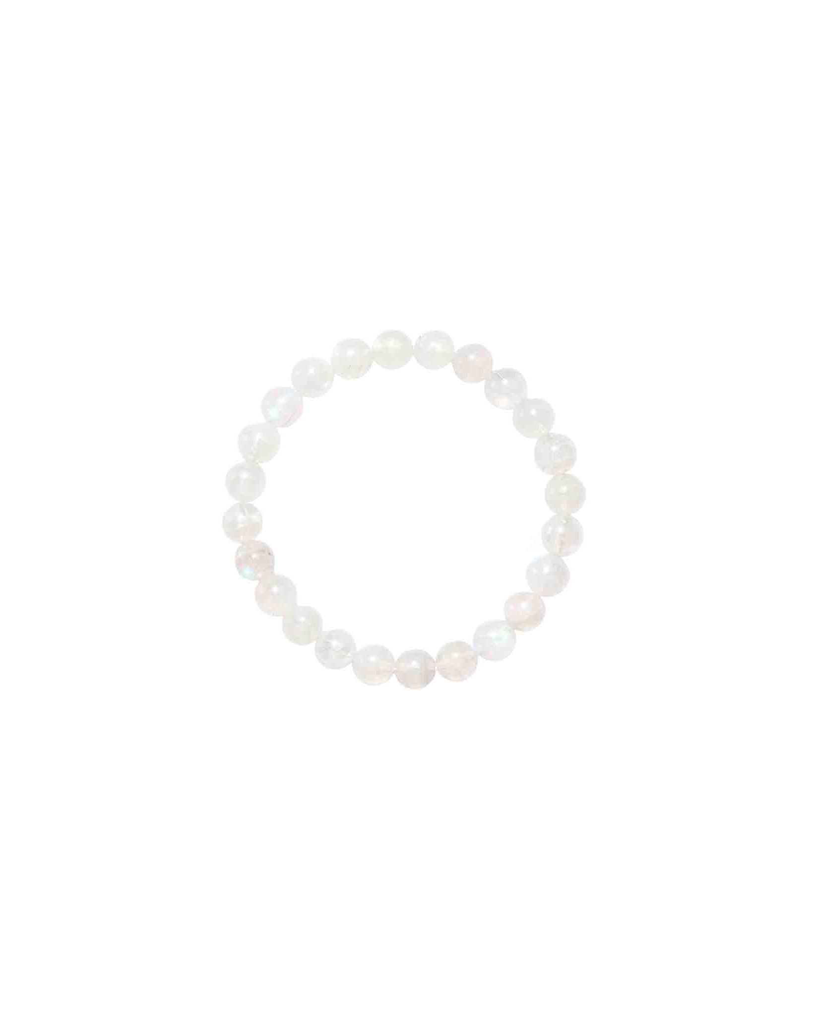 Choodo genuine natural Madagascar  Moonstone crystal beaded bracelet, transparent 8mm pure gemstone strand with vibrant blue flash, minimalist pure product shot