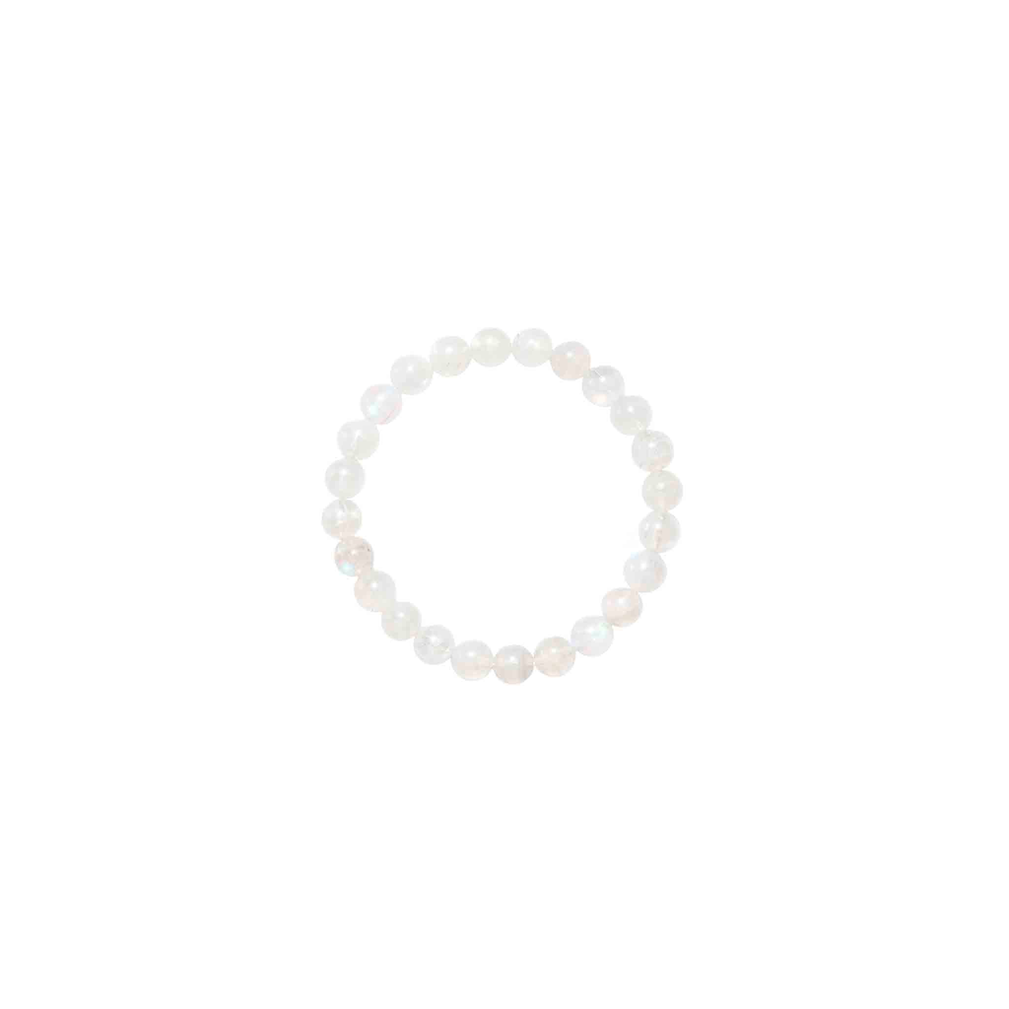 Choodo genuine natural Madagascar  Moonstone crystal beaded bracelet, transparent 8mm pure gemstone strand with vibrant blue flash, minimalist pure product shot