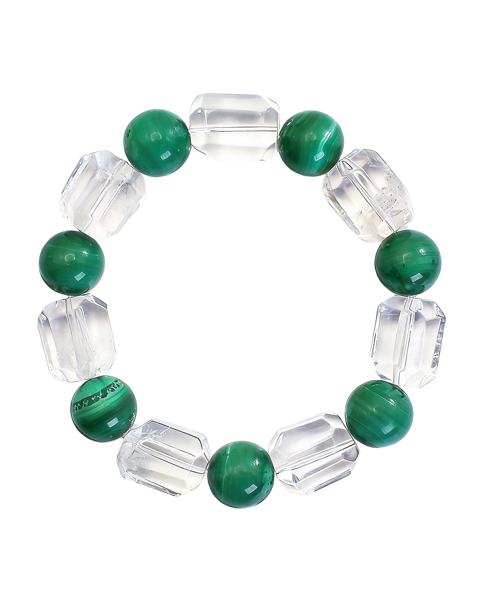 Choodo genuine natural Malachite and Clear Quartz crystal beaded bracelet, large round green malachite with square transparent quartz stones, minimalist product shot on white background.