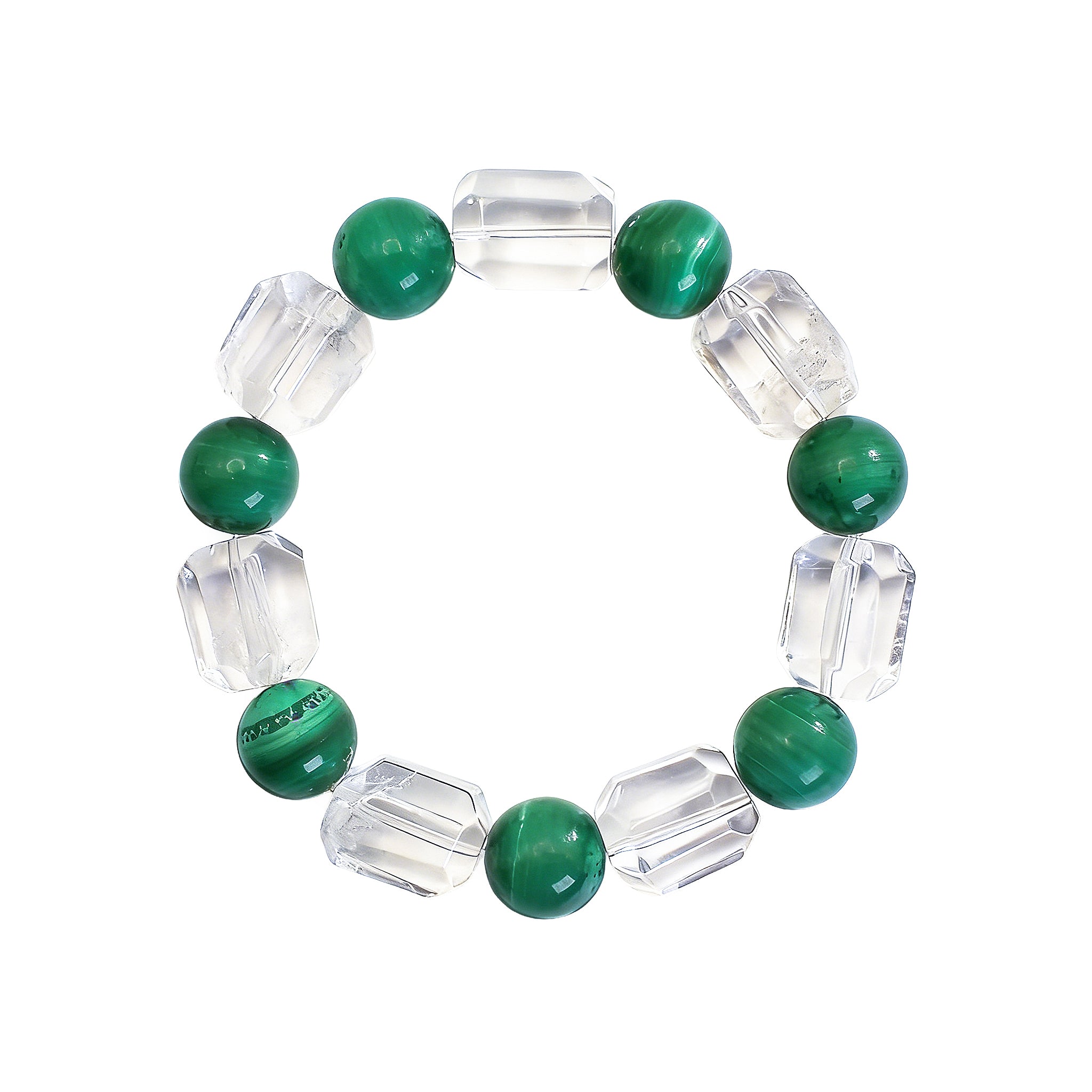 Choodo genuine natural Malachite and Clear Quartz crystal beaded bracelet, large round green malachite with square transparent quartz stones, minimalist product shot on white background.