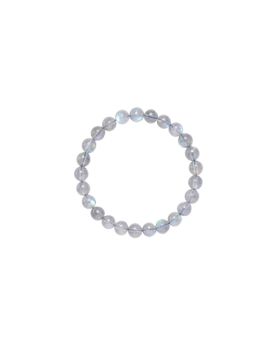 Choodo genuine natural Veil Grey Moonstone crystal beaded bracelet for women, 8mm pure gemstone strand with subtle blue flash, minimalist product shot