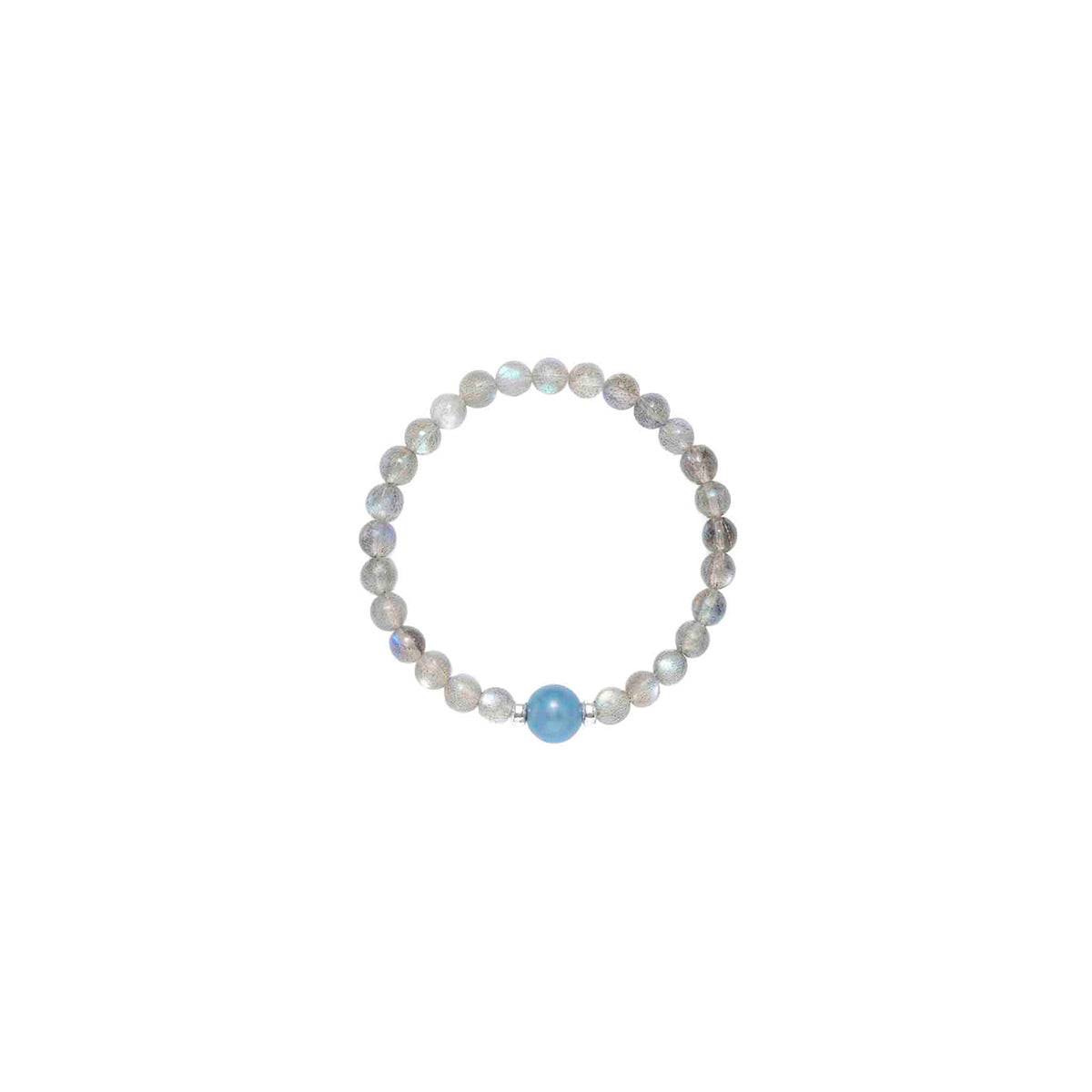 Choodo Orbit Collection Crystal Set D, 11mm gradient Aquamarine bracelet stacked with 8mm Grey Moonstone beaded strand, pure product shot on white background