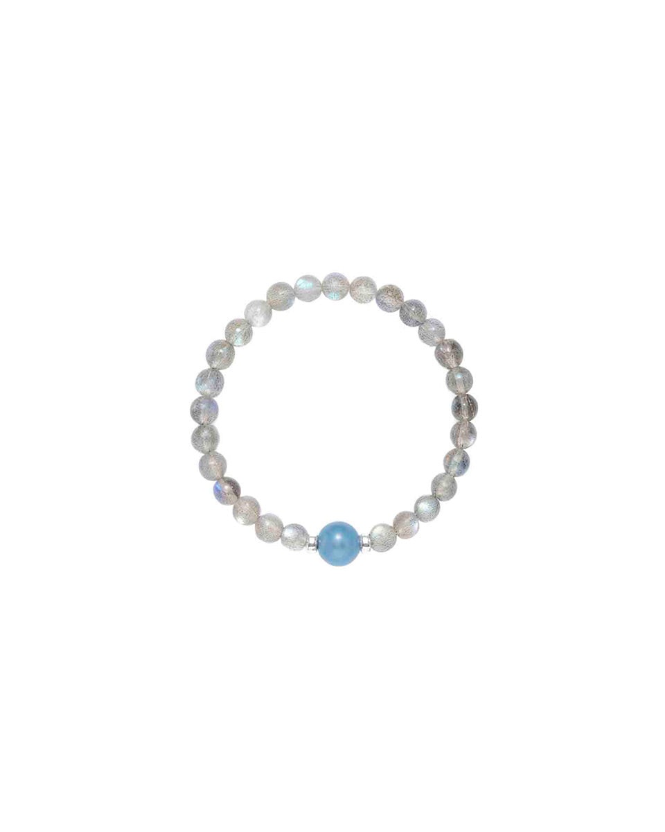 Choodo Orbit Collection Crystal Set D, 11mm gradient Aquamarine bracelet stacked with 8mm Grey Moonstone beaded strand, pure product shot on white background
