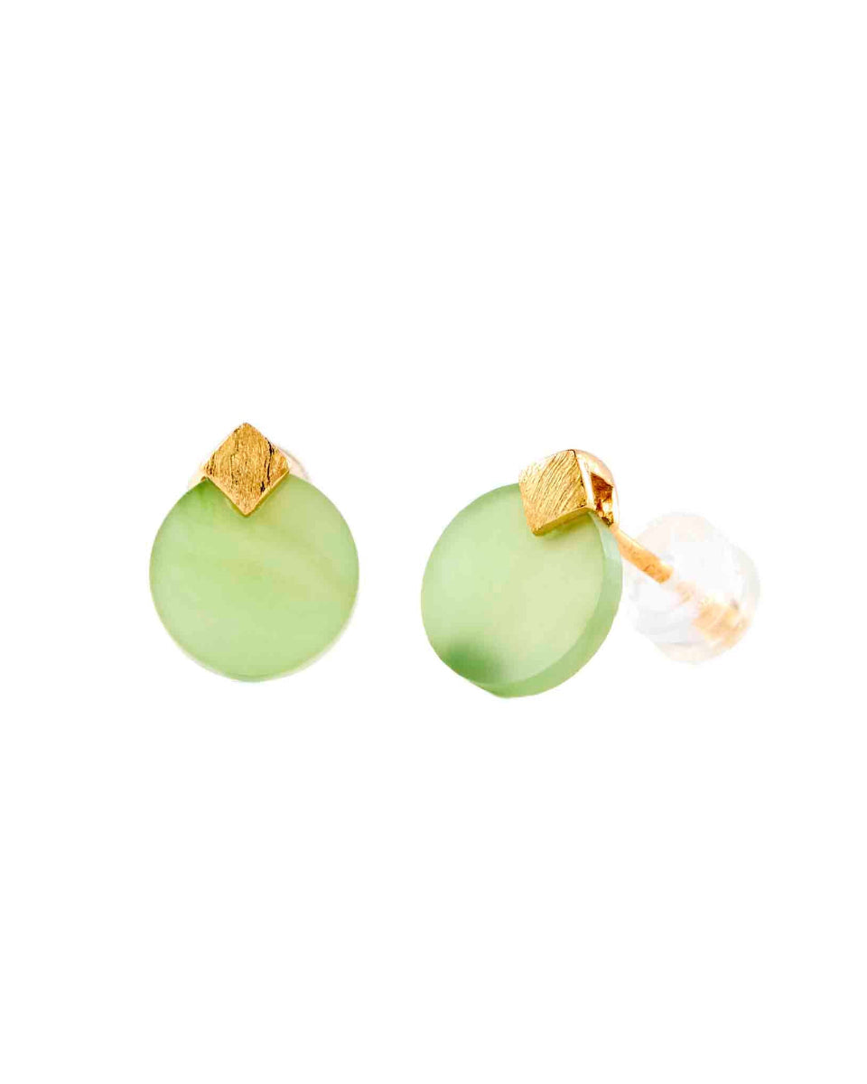 Choodo TrueNorth genuine natural green Jade stud earrings in 925 sterling silver settings, minimalist geometric fine jewelry shot on a pure white background.